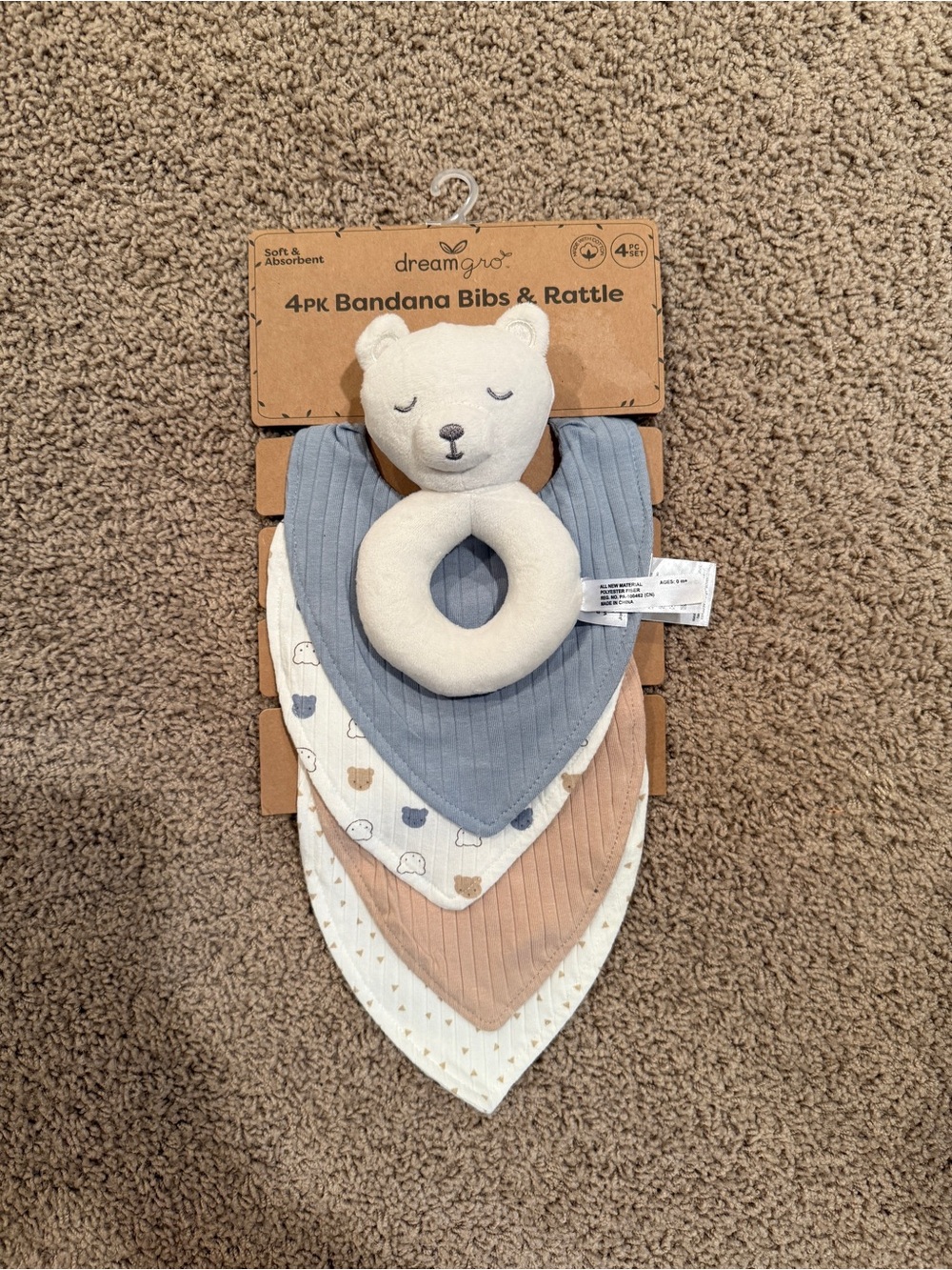DreamGro 4-Pack Cotton Bandana Bibs & Rattle